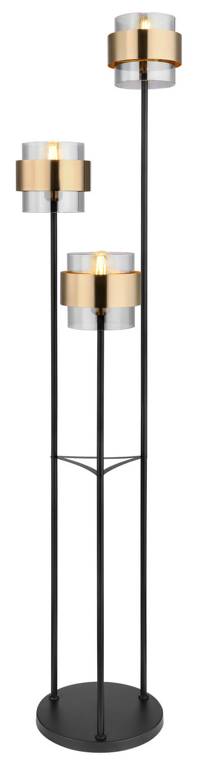 Vue de face du lampadaire sur fond blanc, trois tiges noires et abat-jours dorés
