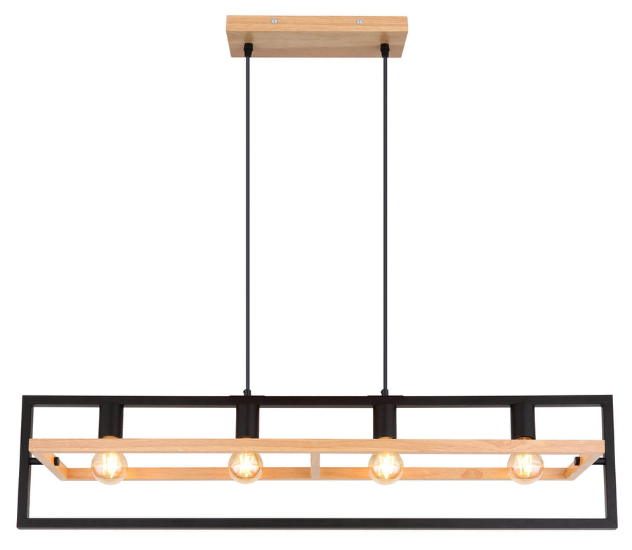 Vue de face du luminaire suspendu, cadre noir et bois, quatre ampoules allumées.