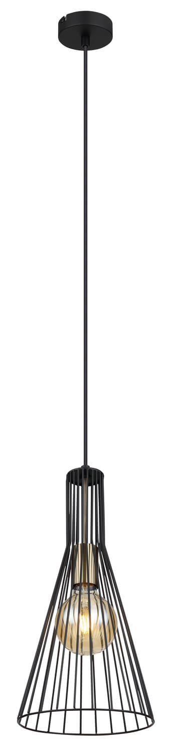 Vue en pied du luminaire montrant le long câble et la rosace de plafond