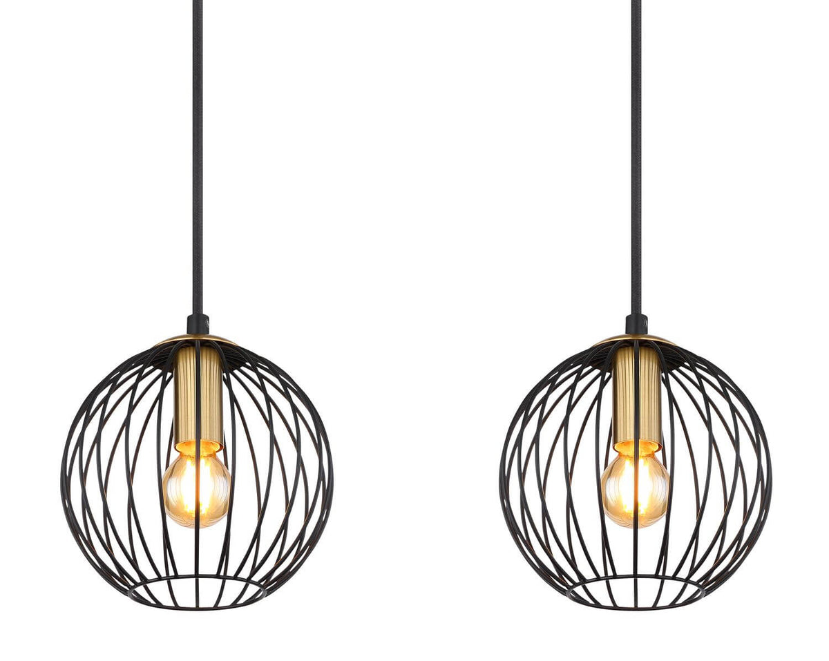 Gros plan sur deux cages sphériques noires, douilles dorées et ampoules Edison allumées.