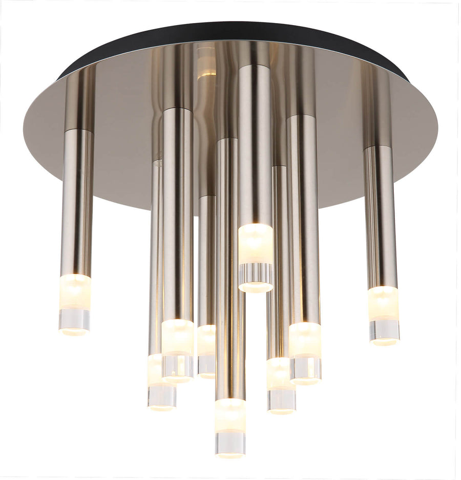 Vue de face du plafonnier à tubes nickel satiné sur fond blanc.