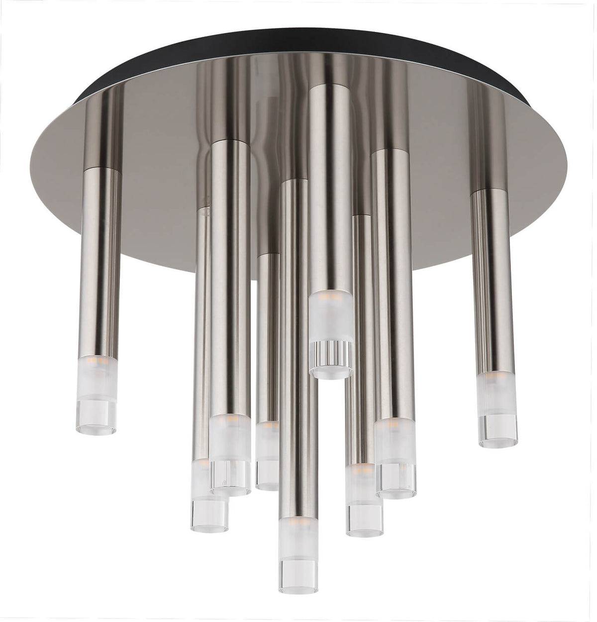 Détail du plafonnier éclairé, tubes nickel et diffuseurs acrylique blancs.