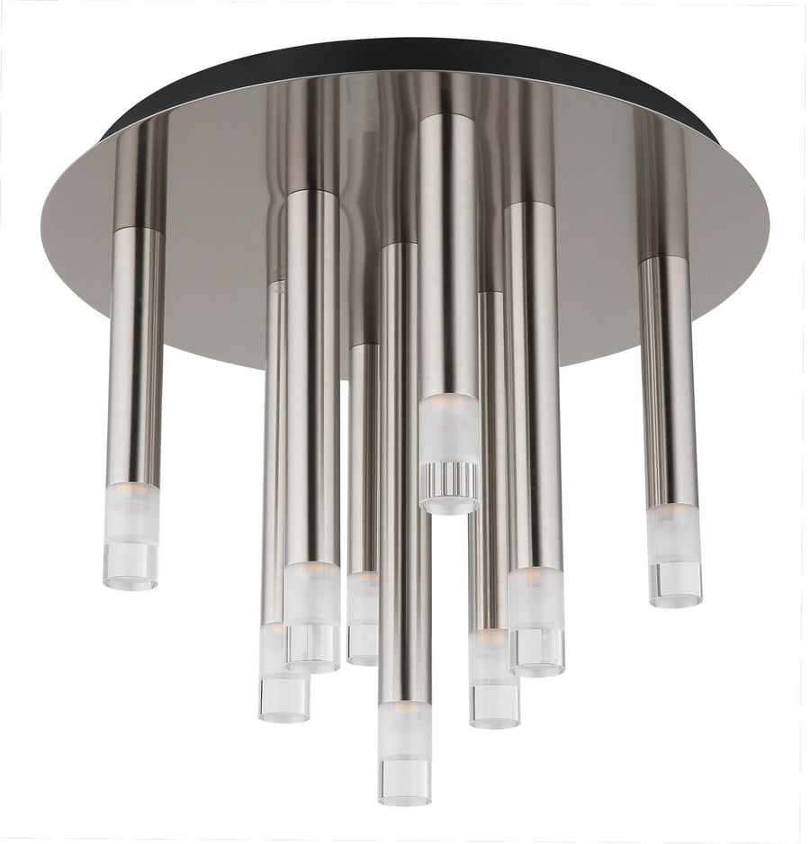 Détail du plafonnier éclairé, tubes nickel et diffuseurs acrylique blancs.