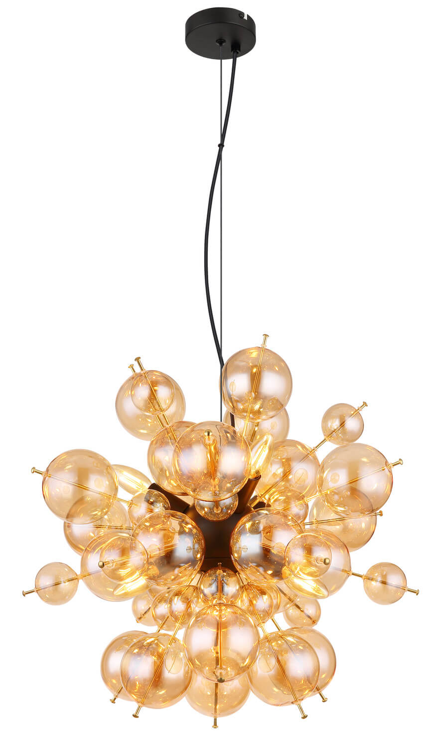 Vue verticale du luminaire suspendu, câble noir et rosace fixée au plafond.