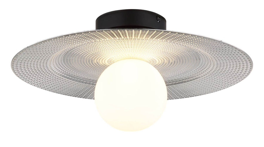 Vue rapprochée du disque en verre texturé encerclant le globe blanc allumé