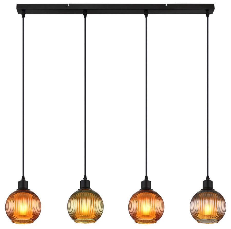 Vue de face alignée des quatre globes lumineux ambrés sous la barre rectangulaire.