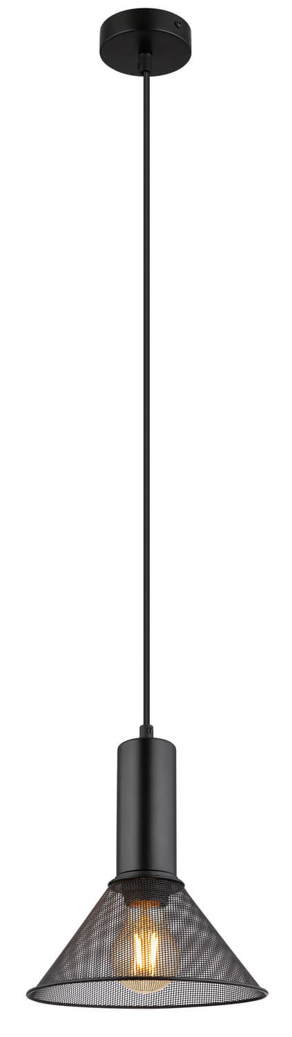 Vue en pied du luminaire suspendu, câble noir et diffuseur conique en fil métallique