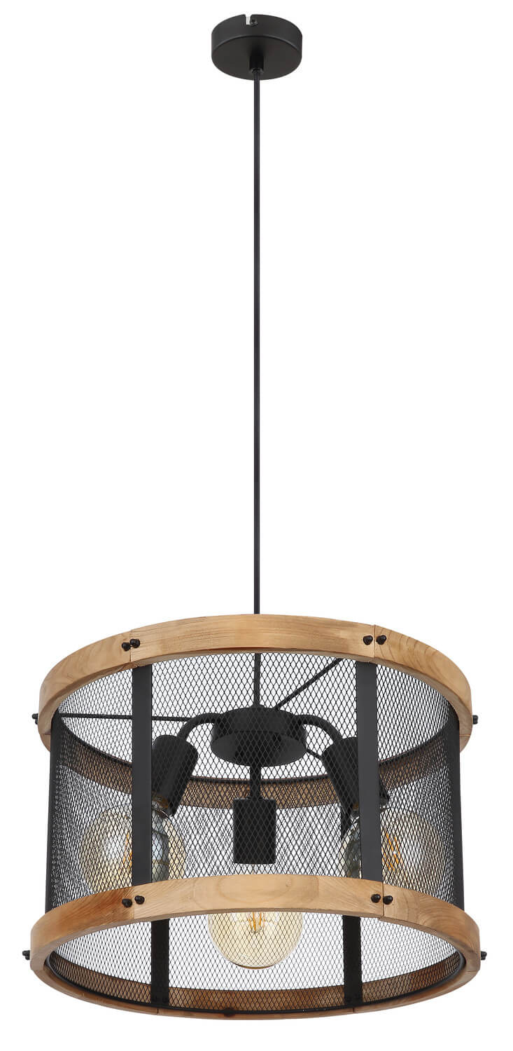 Vue centrée du luminaire sur fond blanc, détaillant les cerclages en bois et la grille.
