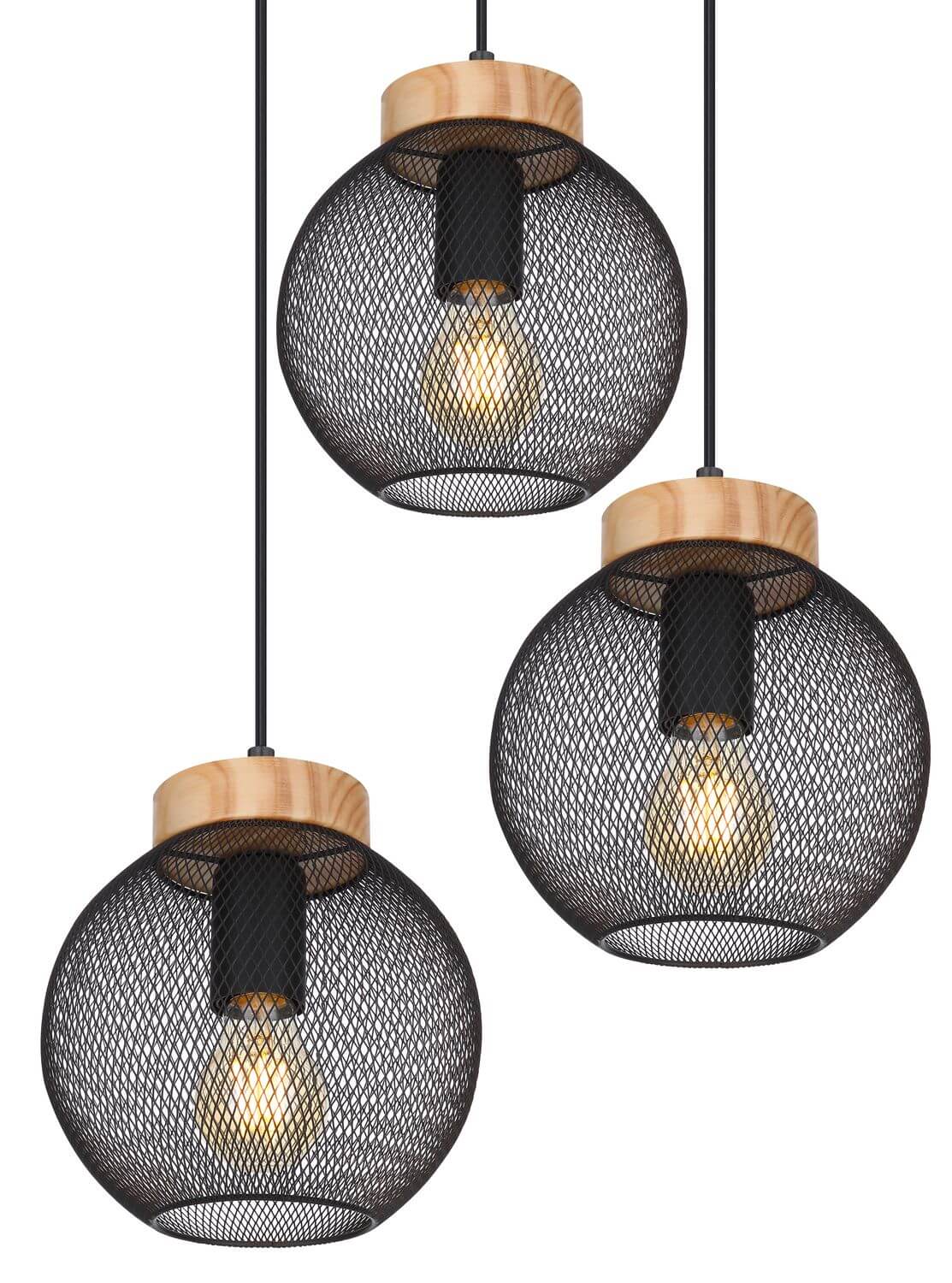 Gros plan sur la finition : grille métallique noire, pastille en bois clair et douille