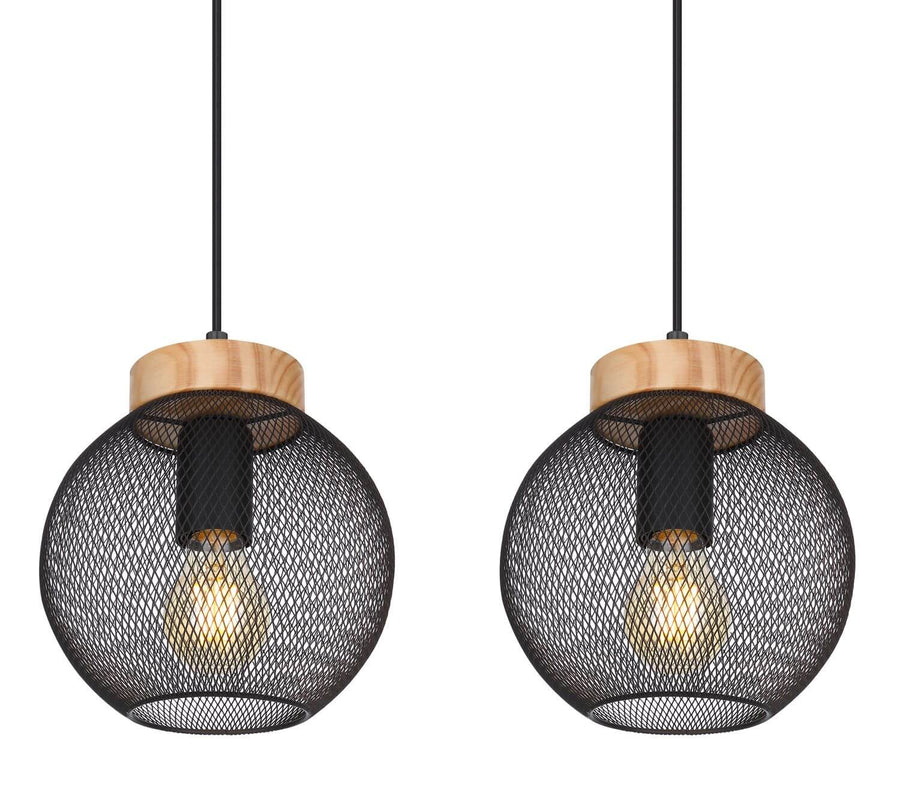 Détail rapproché de deux globes en maille noire avec embase en bois clair