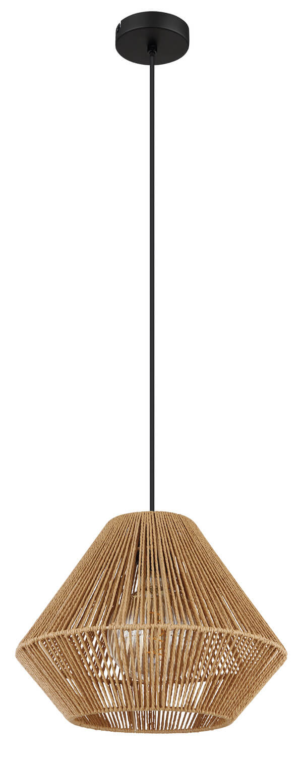 Seconde vue de face du luminaire suspendu, abat-jour en corde naturelle
