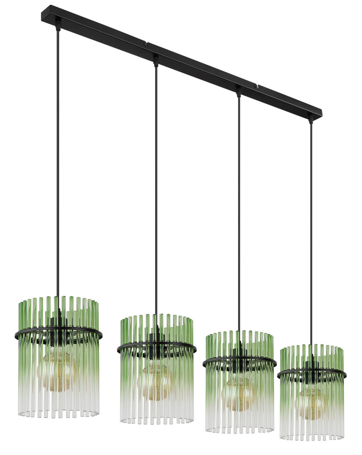 Second angle du même luminaire, mettant en évidence la structure noire et les quatre suspensions