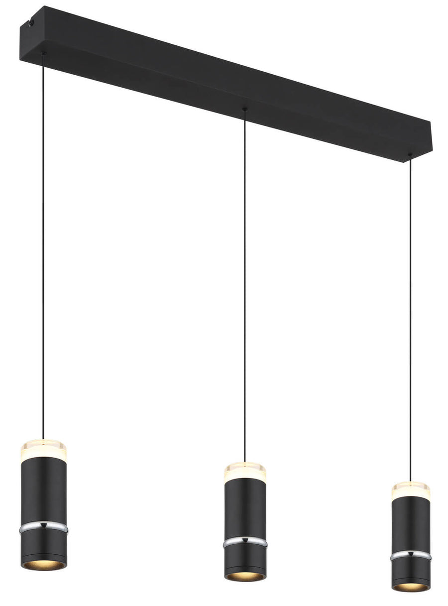 Vue en angle de la suspension avec sa barre rectangulaire et ses trois cylindres noirs.