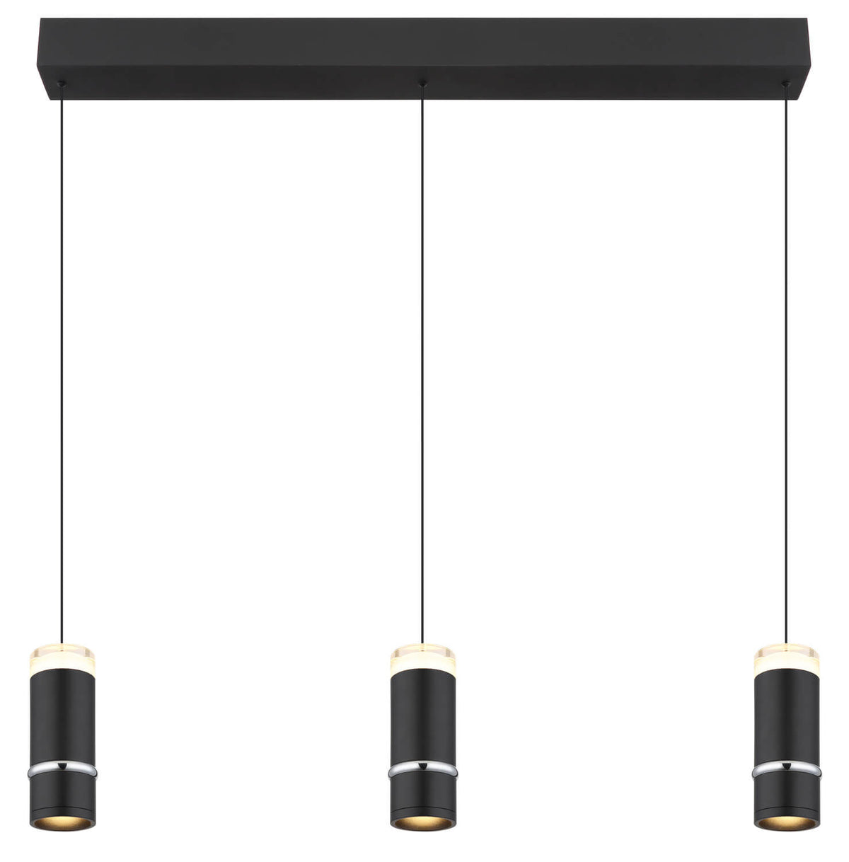 Vue de face de la suspension avec trois cylindres noirs et barre rectangulaire.