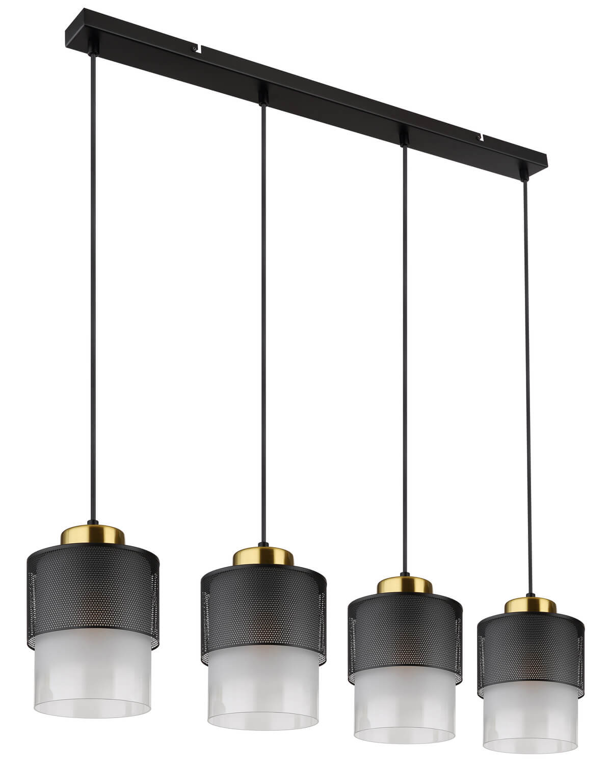 Vue en perspective du luminaire noir et laiton, abat-jours grillagés et diffuseurs opalins