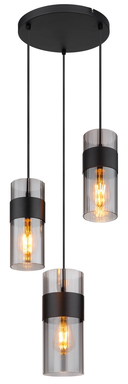 Vue produit verticale des trois suspensions cylindriques noires et verre fumé allumées