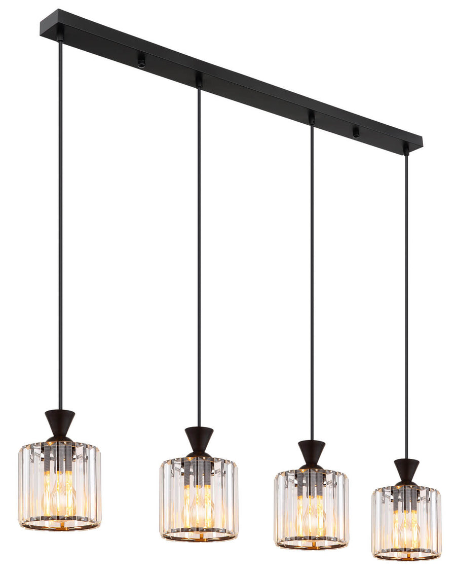 Suspension quatre abat-jours cylindriques en verre strié, structure noire sur fond blanc