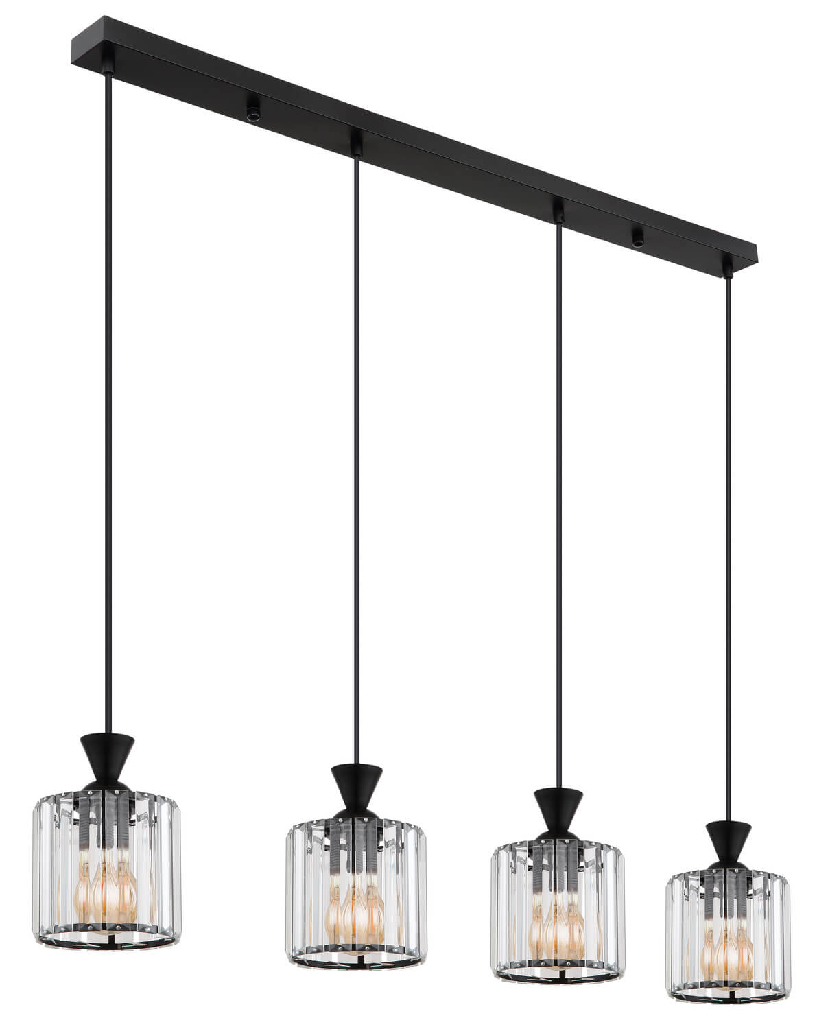 Vue de trois quarts du luminaire, quatre globes de verre et câbles noirs verticaux