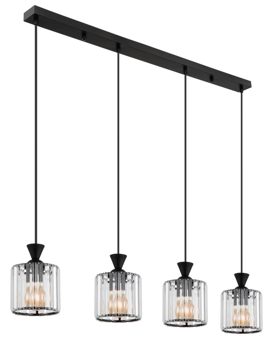 Vue de trois quarts du luminaire, quatre globes de verre et câbles noirs verticaux