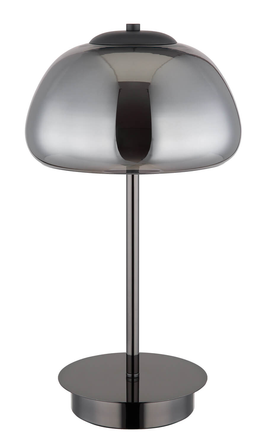 Lampe éteinte montrant les reflets du verre fumé et la tige chromée.