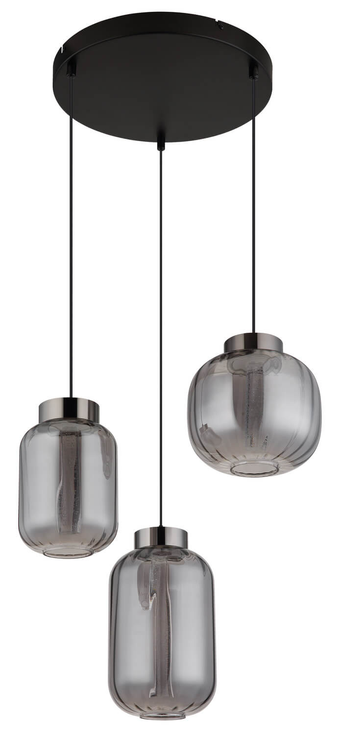Suspension noire mate avec trois globes en verre fumé éteints sur fond blanc