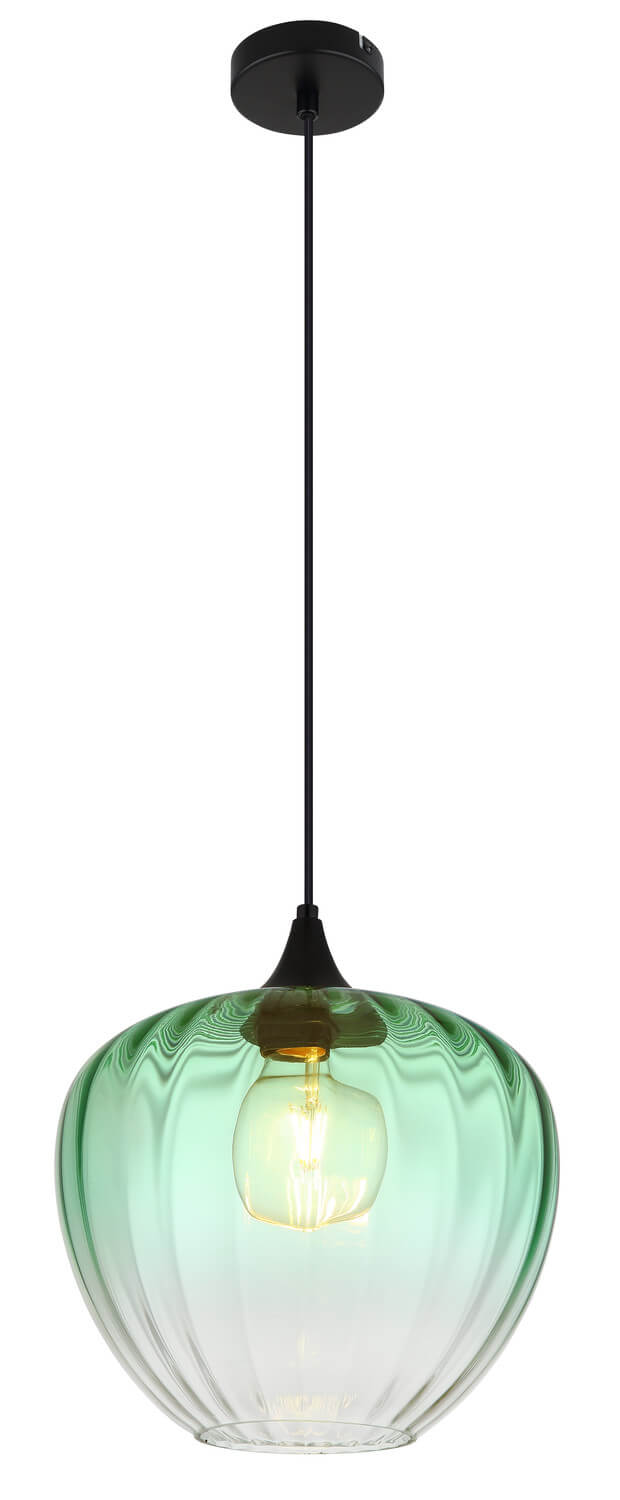 Vue en pied du luminaire, long câble noir et rosace fixés au plafond.
