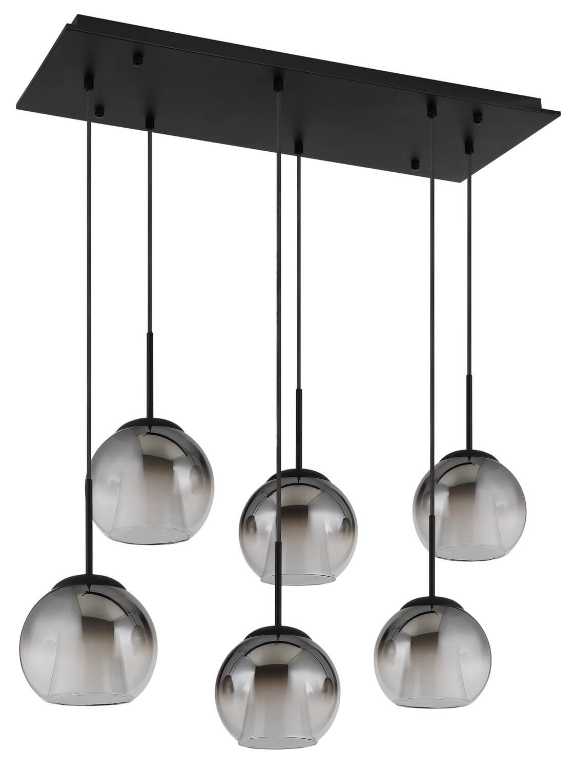 Détail des globes en verre fumé éteints, reflets gris sous la platine noire.