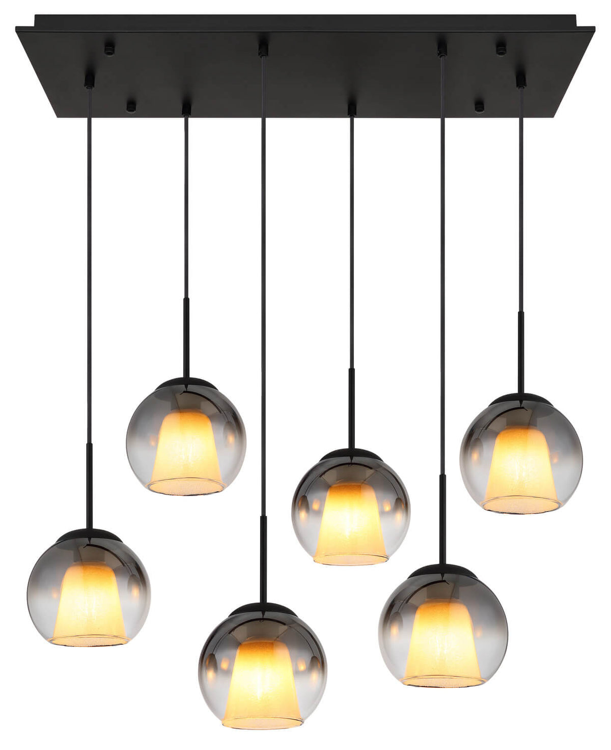 Plan large du luminaire, six globes fumés alignés sous un plateau rectangulaire noir.