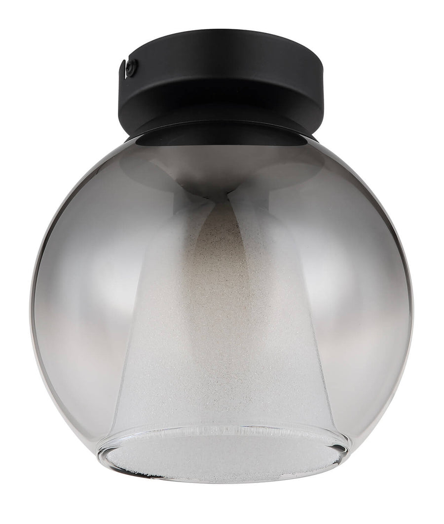 Vue de face du plafonnier éteint, verre transparent laissant voir le cône intérieur