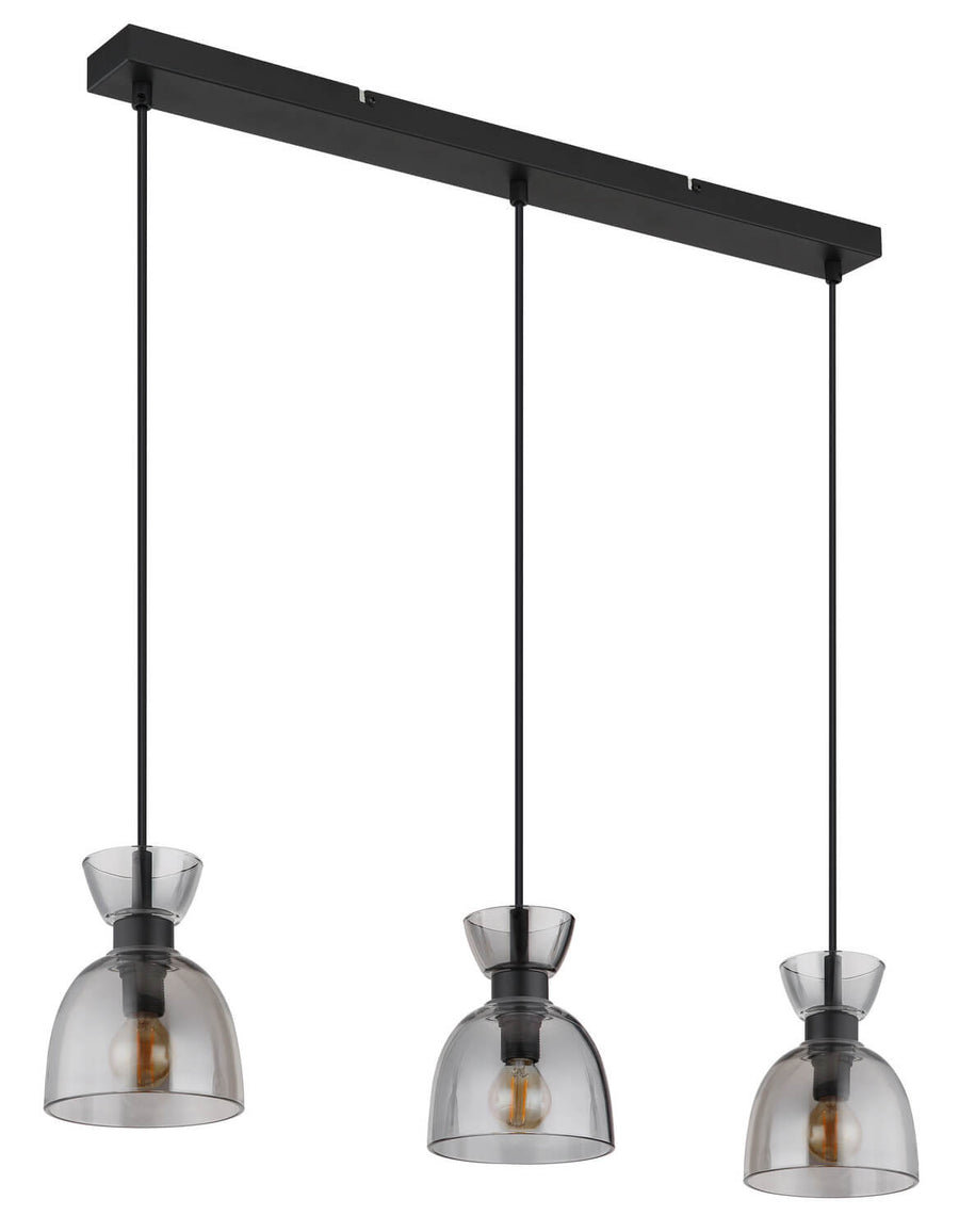 Luminaire présenté de trois-quarts, verres fumés en cloche et structure noire