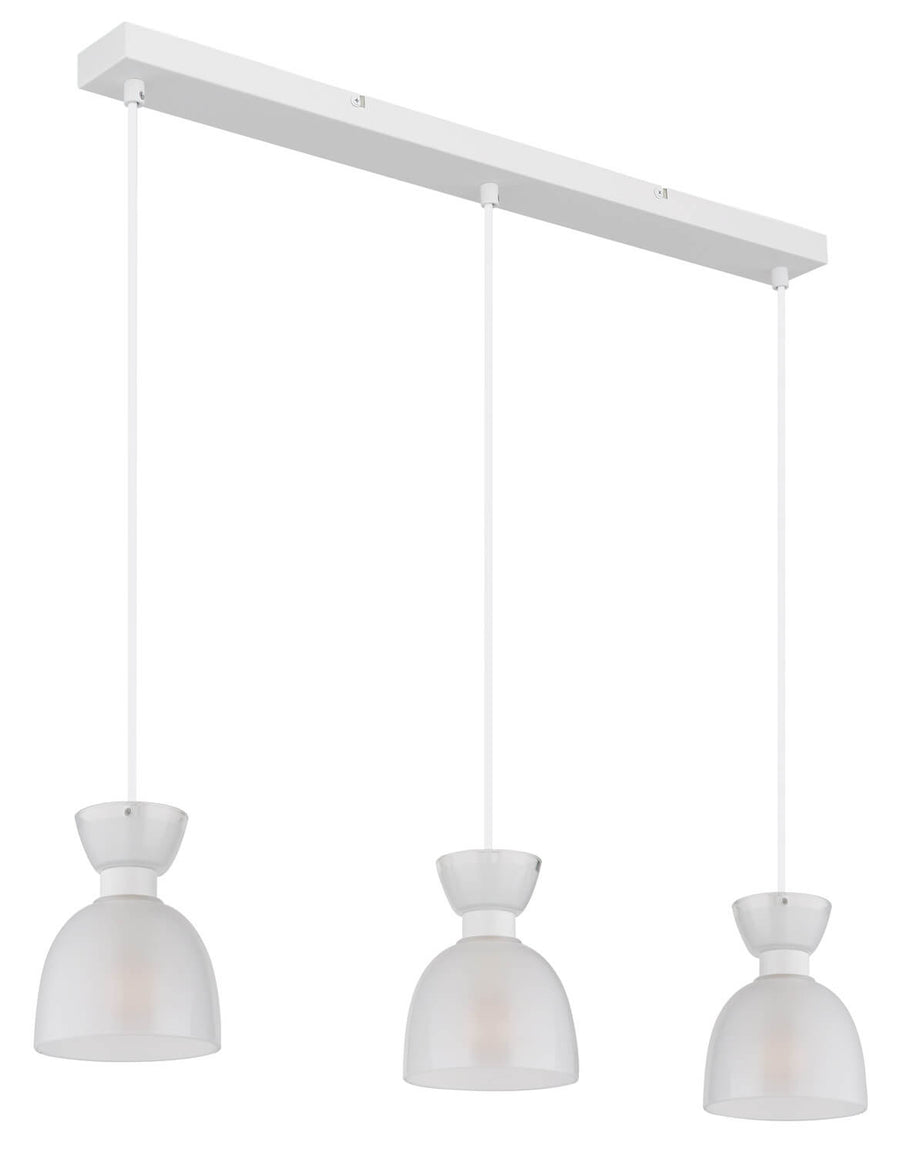 Produit éteint de face, abat-jours en verre opalin et structure métal blanc mat