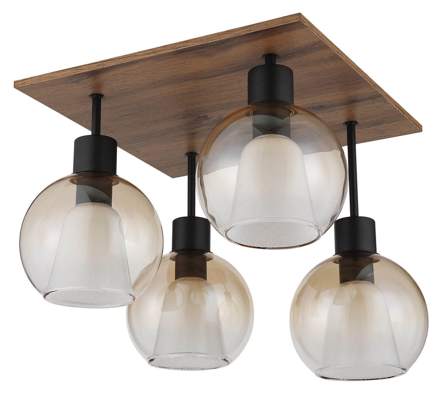 Produit éteint montrant les globes de verre teinté et les douilles noires