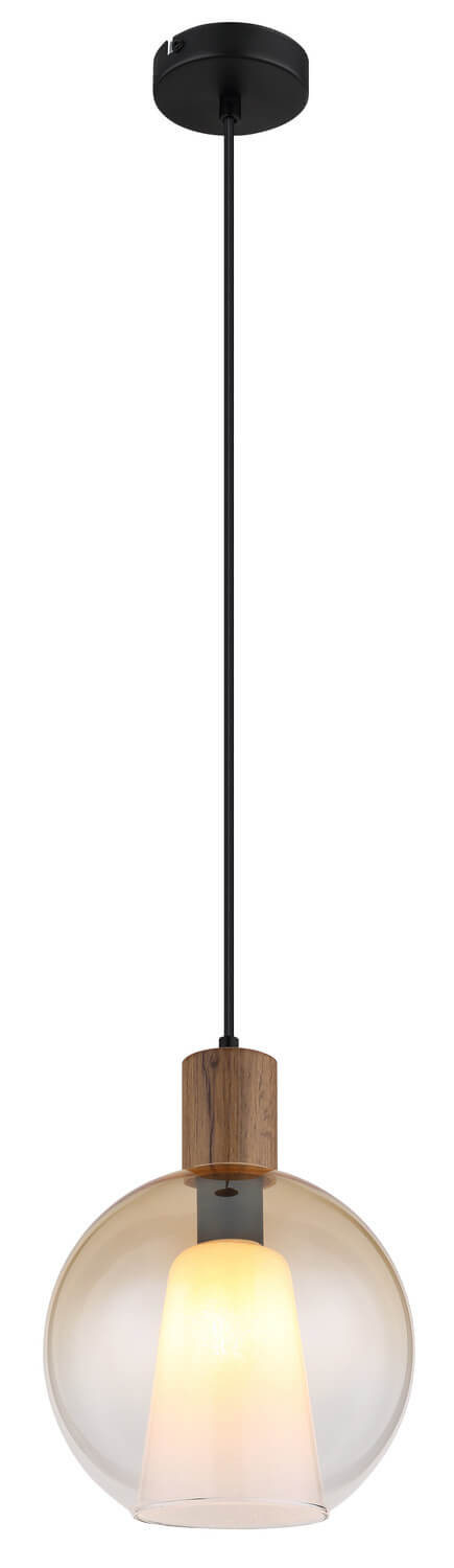 Vue de profil du luminaire entier, montrant le long câble de suspension noir.