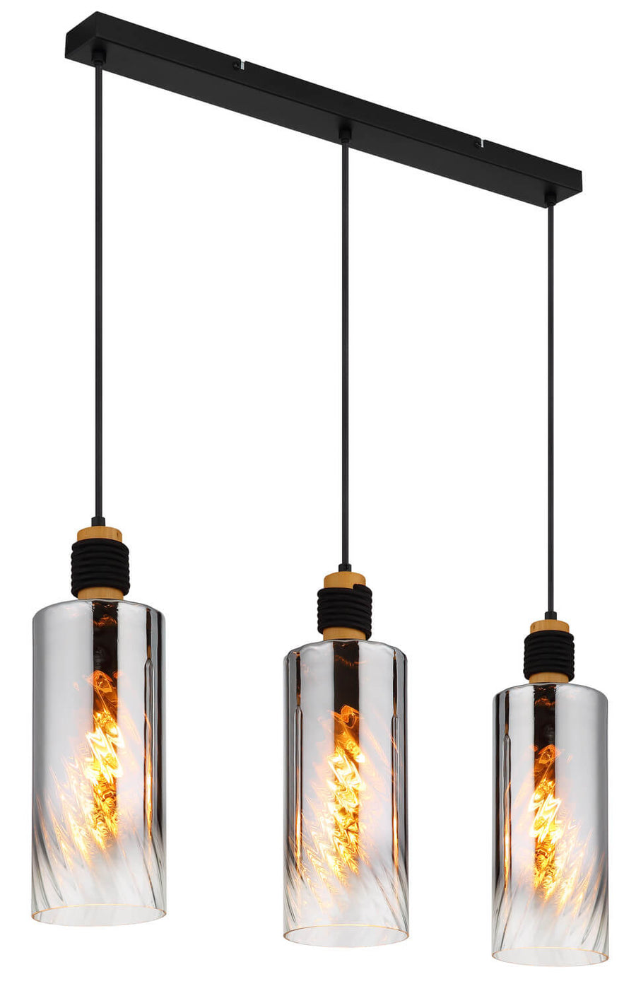 Vue de trois quarts du luminaire suspendu avec ses trois abat-jours en verre transparent