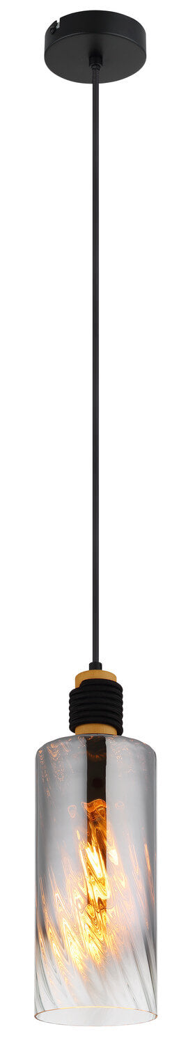 Produit de face sur fond blanc : câble noir, rosace, douille et abat-jour cylindrique en verre.
