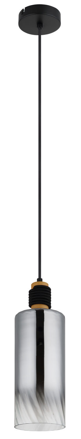 Produit de face sur fond blanc : abat-jour cylindrique en verre transparent, câble et fixations noires.