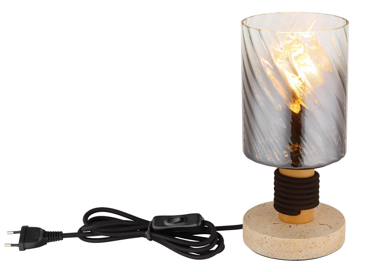 Lampe vue de côté avec câble d'alimentation noir, interrupteur et prise électrique.