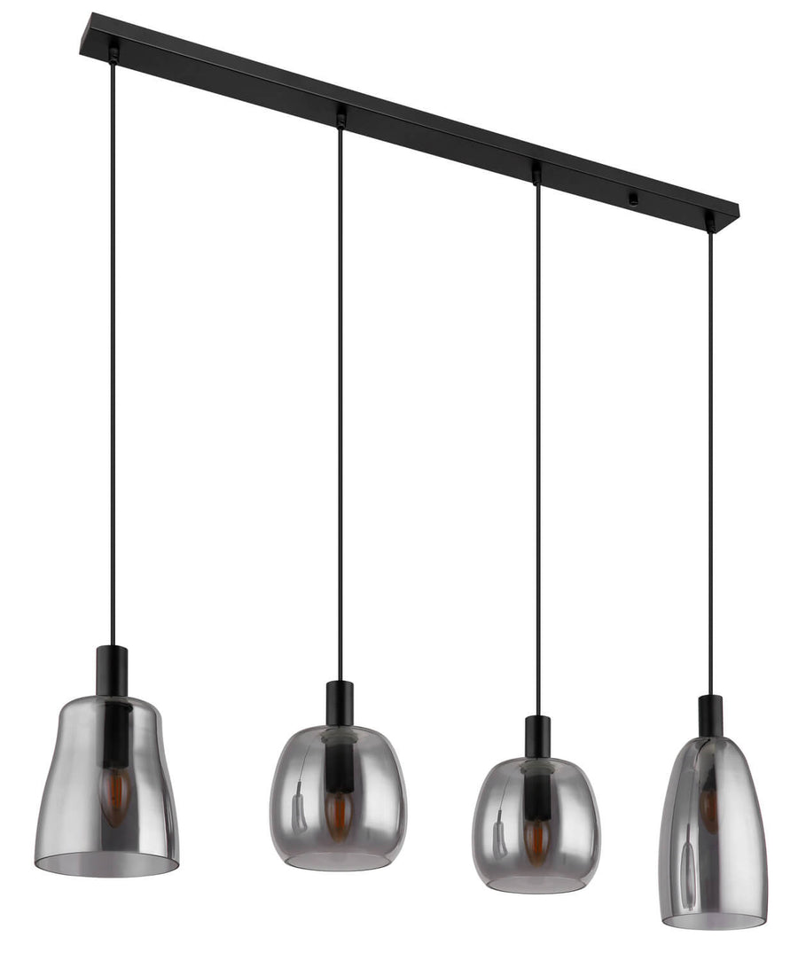 Vue de face du luminaire sur fond blanc, verre fumé et structure noire