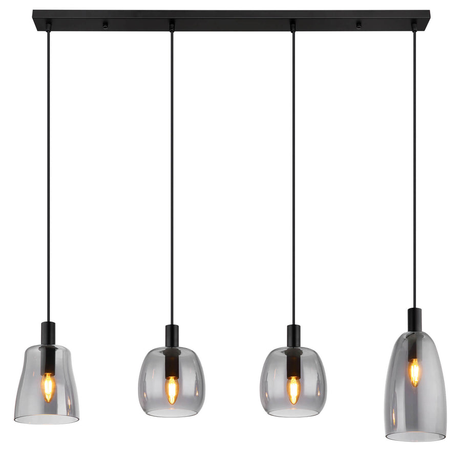 Vue frontale de la barre noire supportant quatre suspensions de formes arrondies