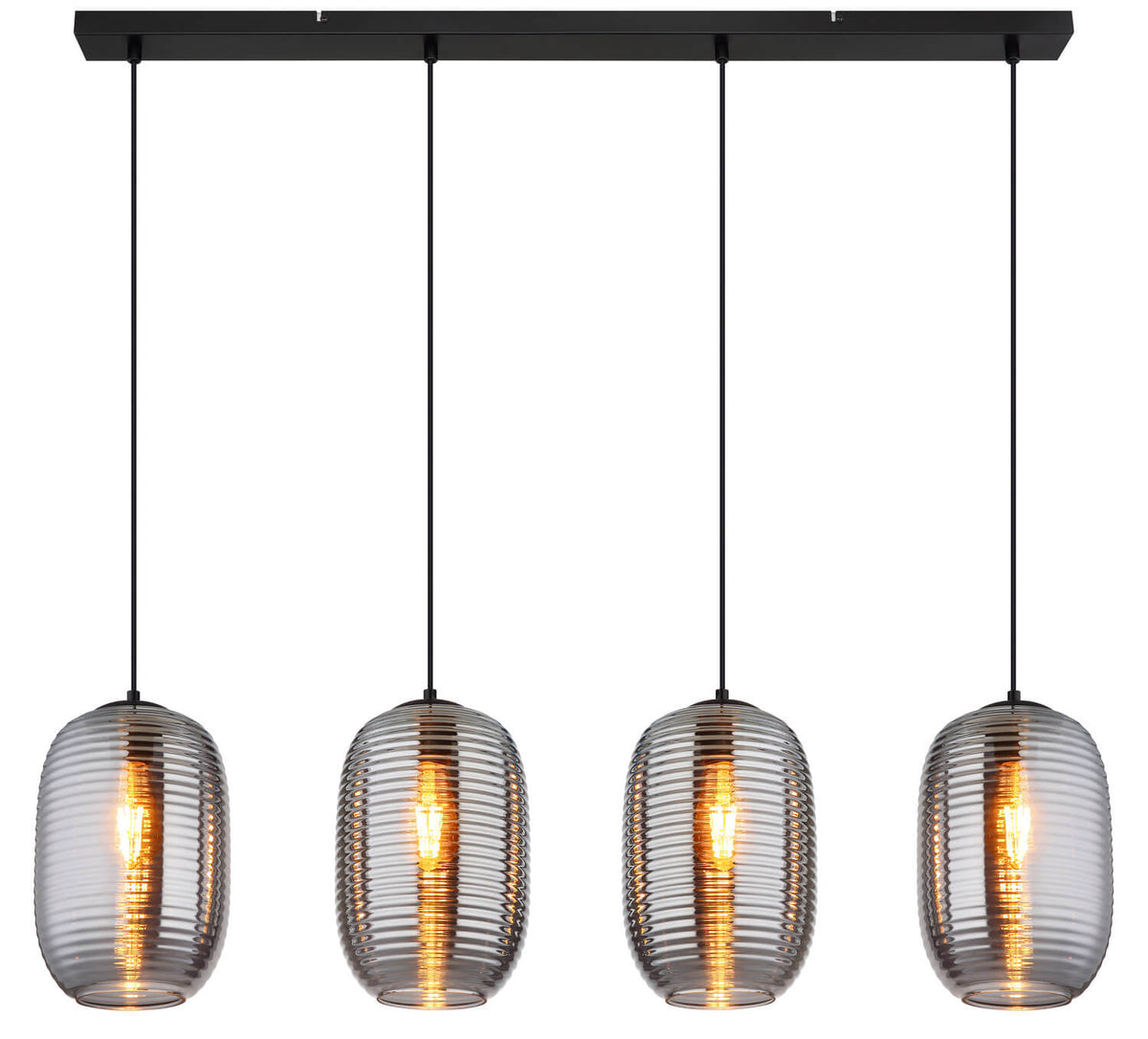 Produit de face allumé, quatre globes ovoïdes en verre cannelé suspendus alignés