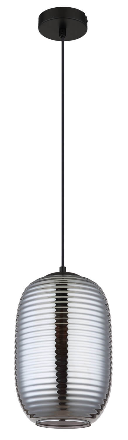Diffuseur en verre strié gris fumé, ampoule éteinte, vue de profil.