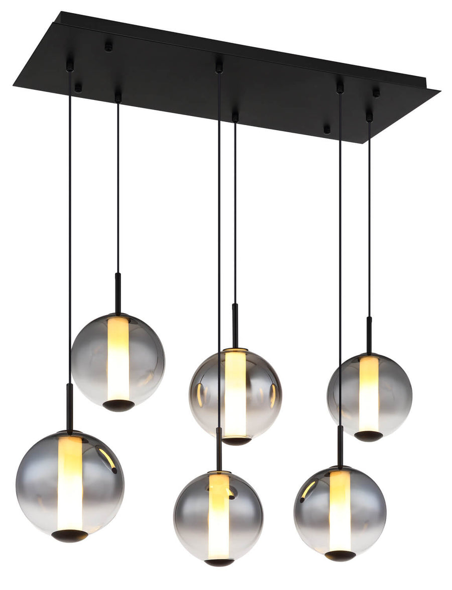 Suspension noire à six globes en verre fumé allumés, vue de face