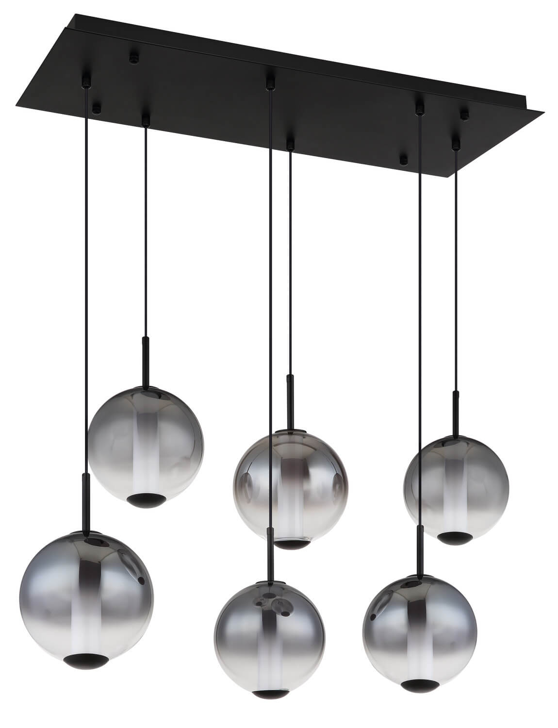 Vue de face du luminaire éteint, six globes en verre fumé transparent