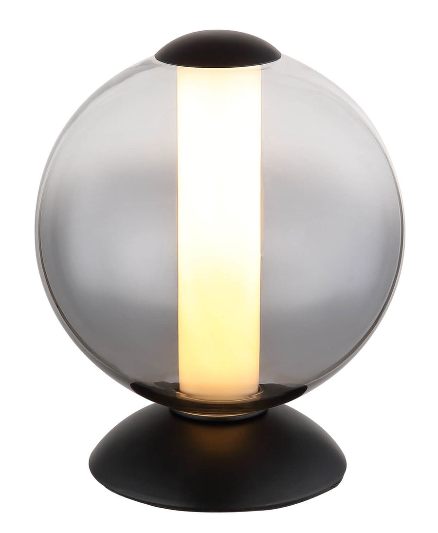 Lampe à poser noire mat, globe sphérique fumé et tube lumineux central allumé