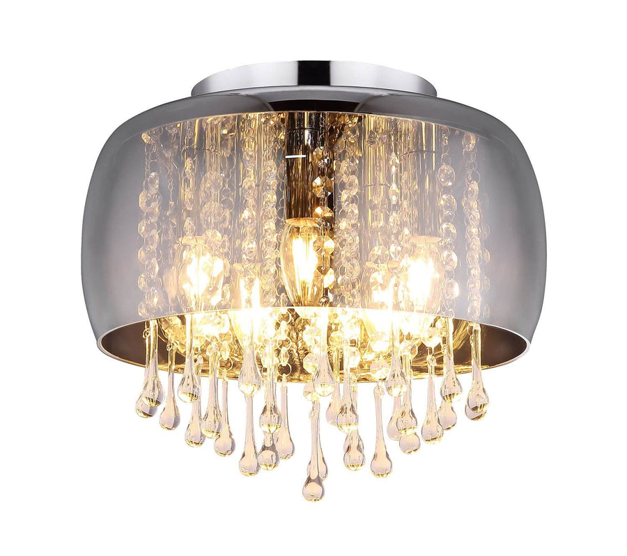 Plafonnier chromé de face sur fond blanc, gouttes de cristal suspendues