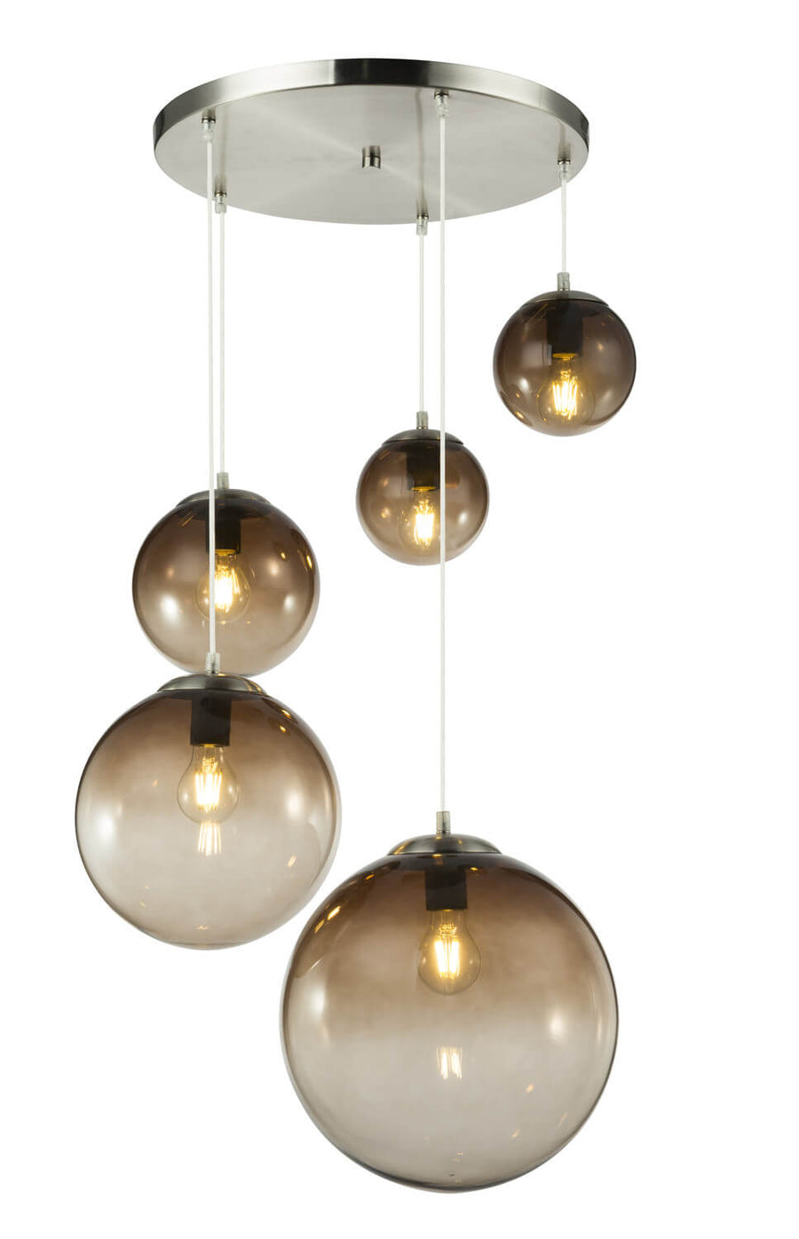 Suspension aux six globes fumés éclairés, mettant en valeur les ampoules filament
