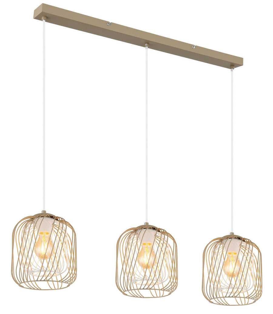 Suspension trois abat-jours cages métal doré sur barre beige, fond blanc