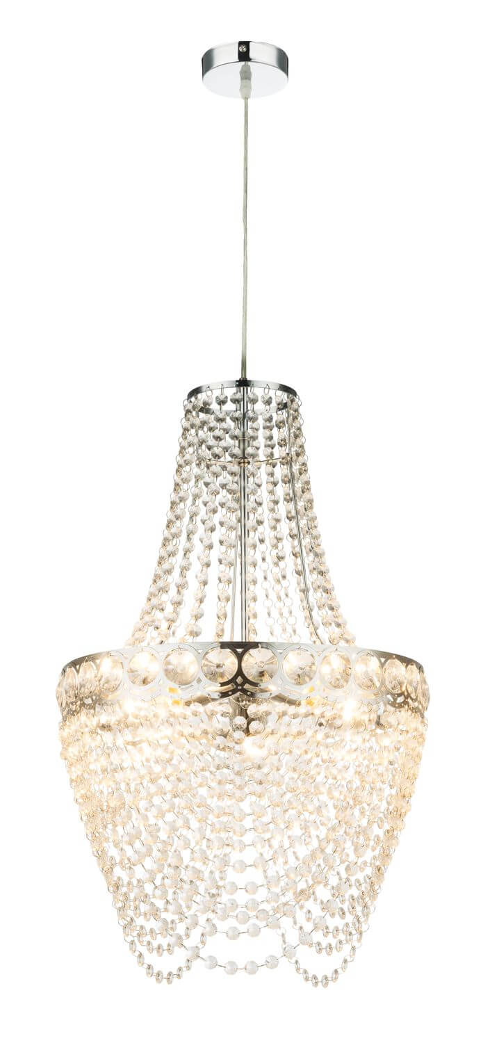 Vue complète du luminaire suspendu, câble et rosace chromée, perles transparentes en cascade.