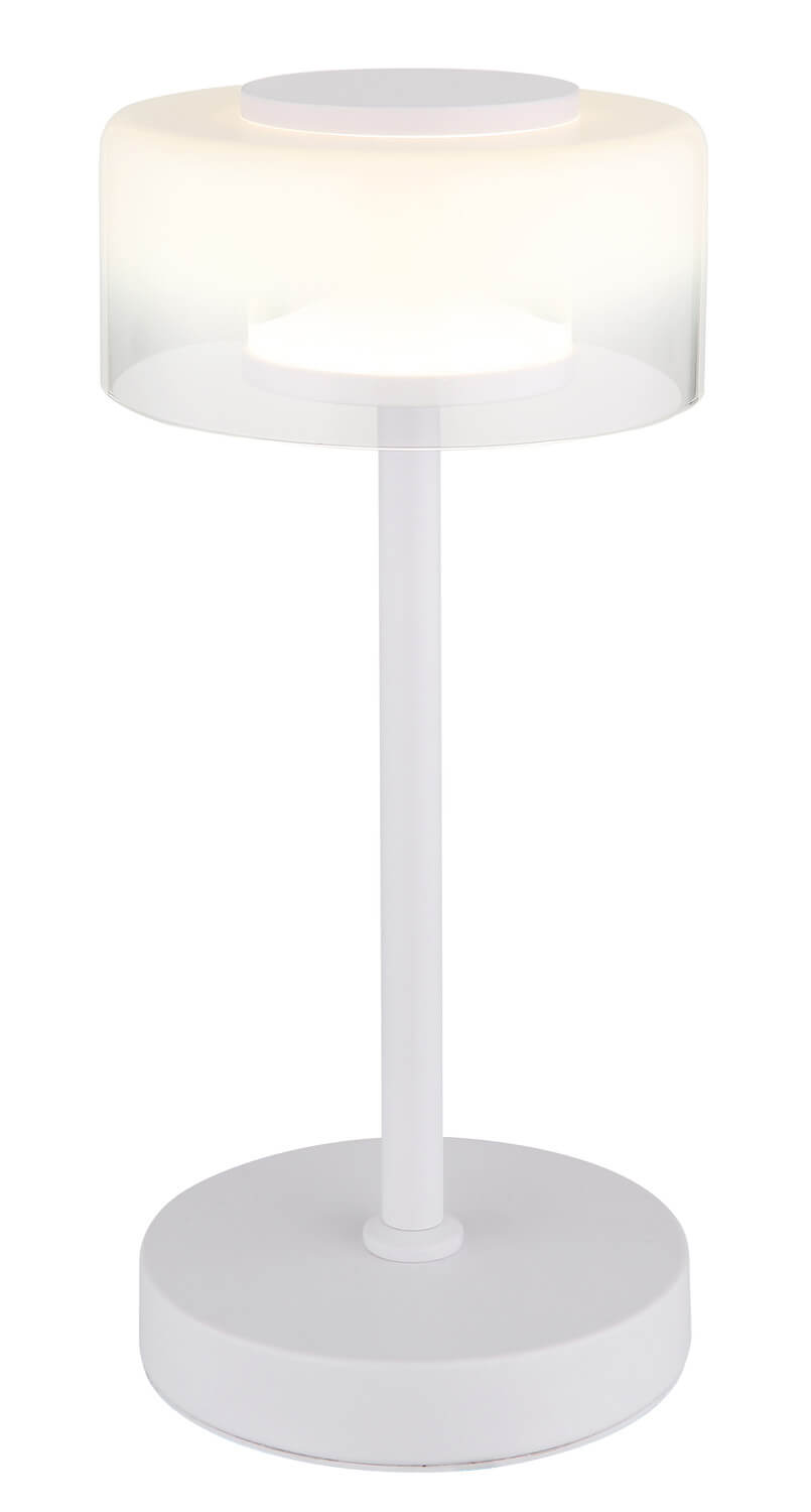 Vue rapprochée du luminaire blanc allumé, abat-jour translucide et tige centrale.