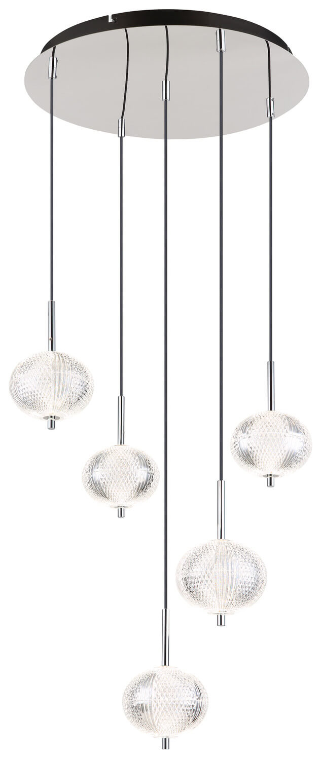 Vue rapprochée des globes allumés, lumière froide, verre strié et monture chromée